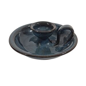 Vintage Jugtown Ware Pottery Handle Candle Holder Blue Glaze Stamped 1988